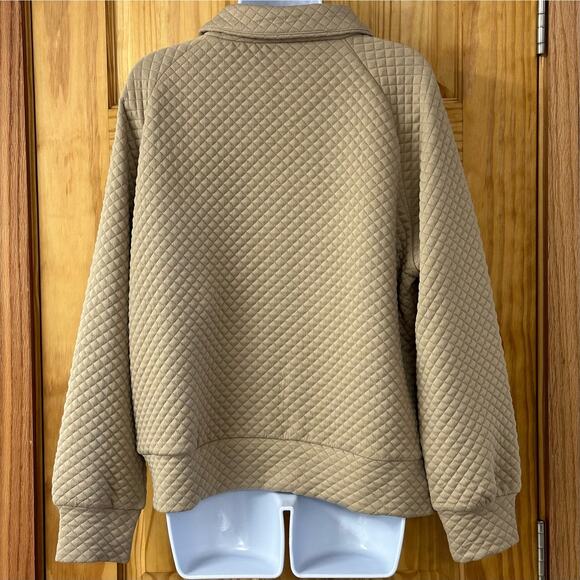 V582 Women’s 2 Way Button Up Cowl Neck or Collared Long Sleeve Sz M Tan Pullover - Picture 11 of 15